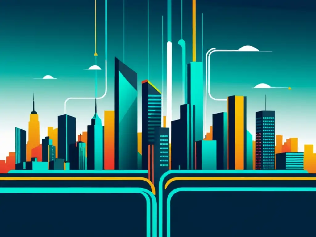 Una ilustración minimalista de una ciudad futurista con flujos de datos, simbolizando el Procesamiento de Lenguaje Natural en Big Data