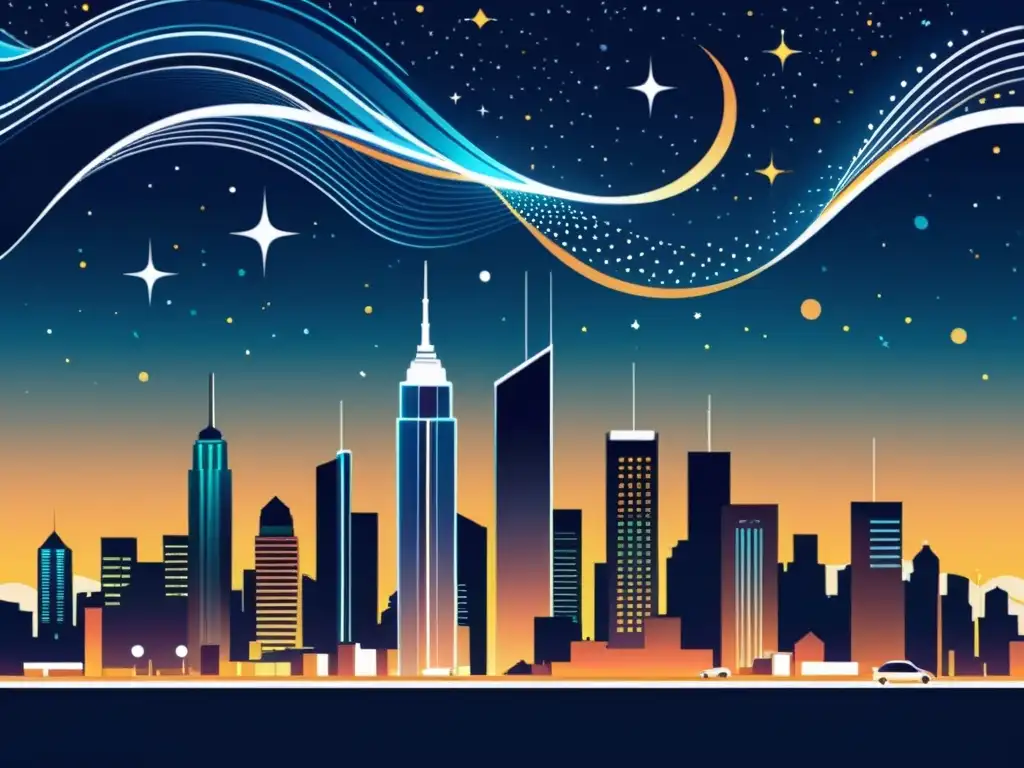 Una ilustración minimalista de una ciudad futurista con tecnología interconectada y brillantes pantallas digitales, en un cielo estrellado