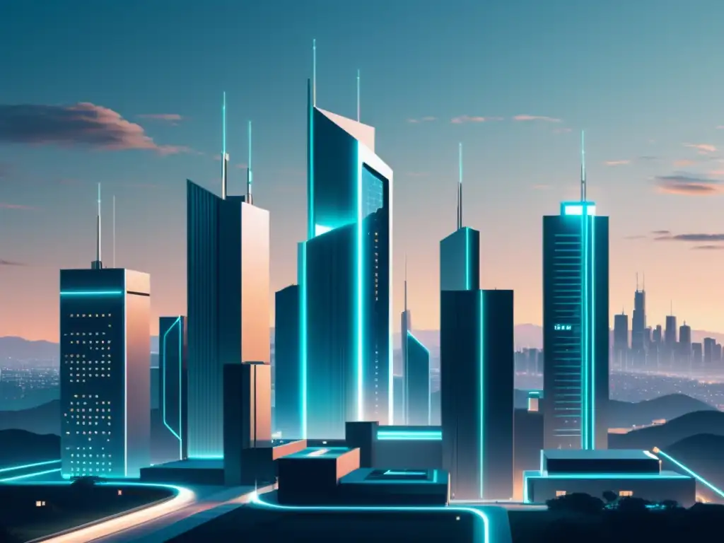 Una ilustración minimalista de una ciudad futurista con torres de red 5G integradas, mostrando la integración tecnológica en entornos urbanos