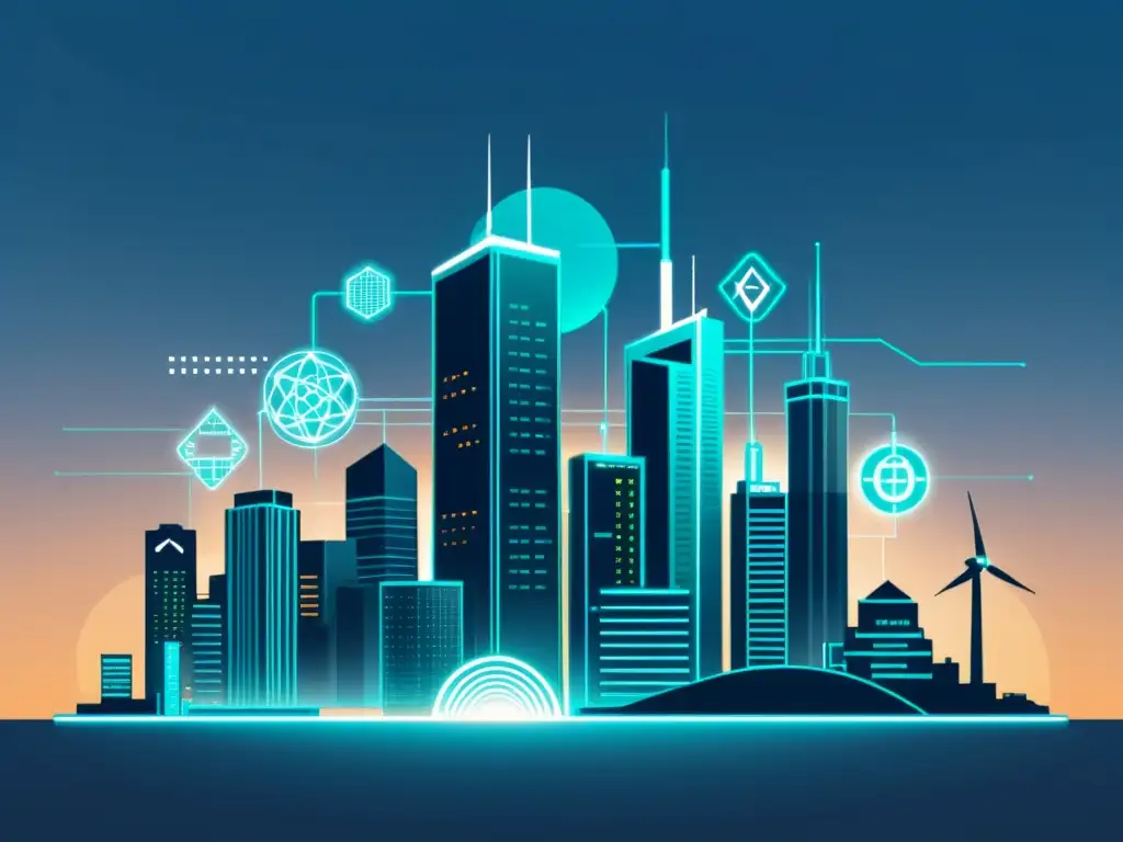 Una ilustración minimalista de una ciudad futurista con Smart Grids y Blockchain en energía