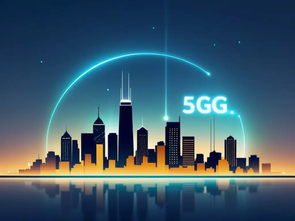 Una ilustración minimalista de la ciudad de noche con la red 5G iluminando los edificios