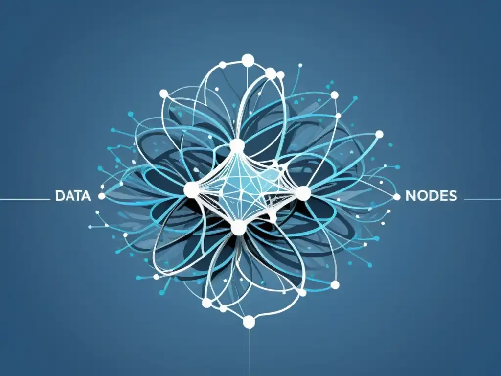Una ilustración minimalista de una compleja red neuronal con nodos interconectados y flujo de datos, en tonos azul y plateado