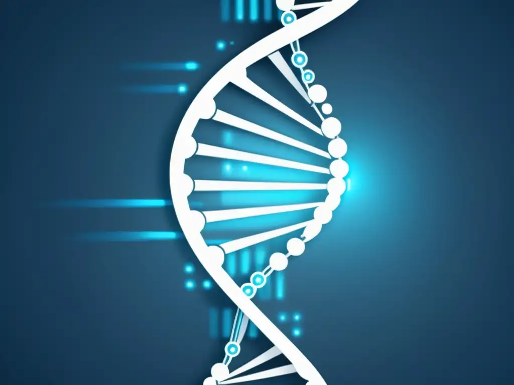 Una ilustración minimalista de una doble hélice de ADN con algoritmos de IA y código informático entrelazados, formando la forma de un escáner médico futurista, rodeado de sutiles acentos tecnológicos y una luz suave y brillante emanando del centro, en tonos azules