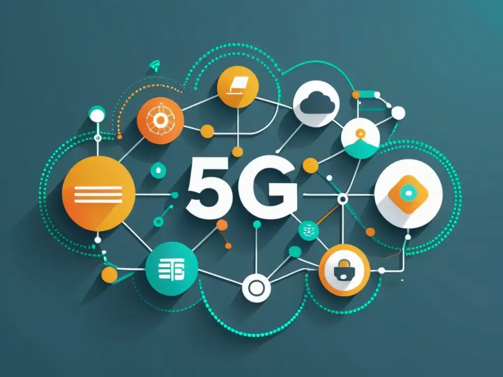 Una ilustración minimalista de un ecosistema conectado de dispositivos IoT, destacando la integración y el intercambio de datos facilitados por las normativas 5G