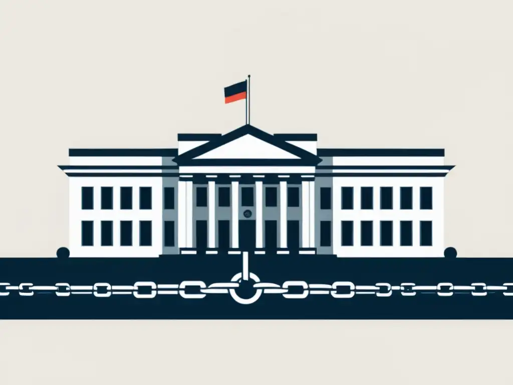 Gobernando con Cadenas: Desafío y Oportunidad Una ilustración minimalista de un edificio gubernamental con cadenas, simbolizando la 'Implementación de Blockchain en gobierno' y la liberación potencial a través de esta tecnología