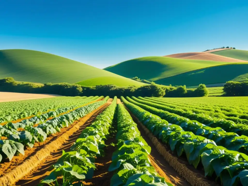 Una ilustración minimalista de un exuberante campo agrícola verde, con cultivos vibrantes creciendo bajo un cielo azul claro