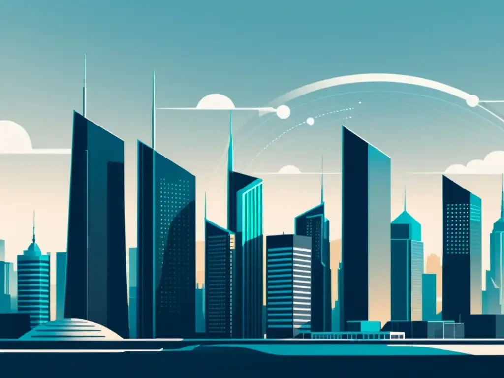 Una ilustración minimalista de una futurista ciudad con torres 5G integradas, simbolizando la normativa actualizada de 5G 2023
