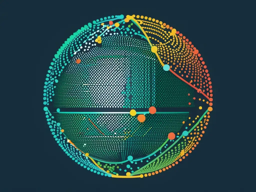 Una ilustración minimalista de un globo terráqueo formado por puntos de datos interconectados, con colores representando diversos tipos de datos