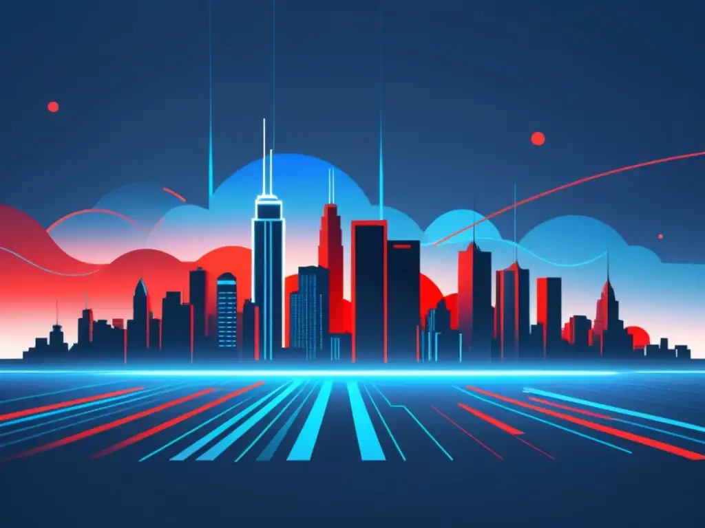 Una ilustración minimalista de un horizonte de ciudad futurista con flujos de datos azules y rojos, simbolizando los riesgos y beneficios del machine learning en ciberseguridad