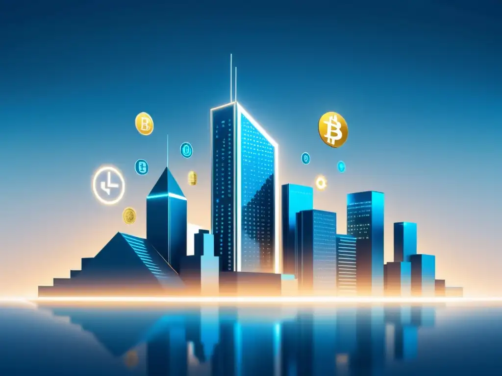 Una ilustración minimalista de un horizonte de ciudad futurista con símbolos de moneda digital integrados sutilmente en la arquitectura, simbolizando la integración de criptomonedas en el paisaje financiero