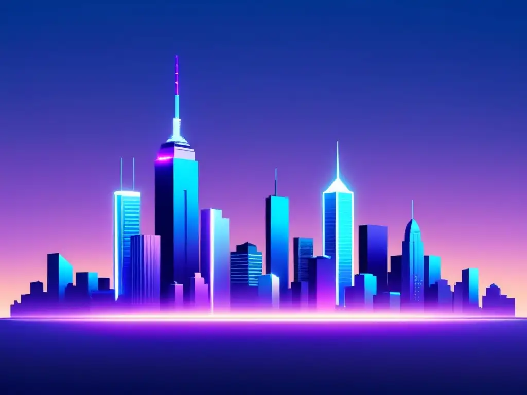 Una ilustración minimalista de un horizonte urbano nocturno con torres futuristas de tecnología 5G integradas, emitiendo una suave luz azul