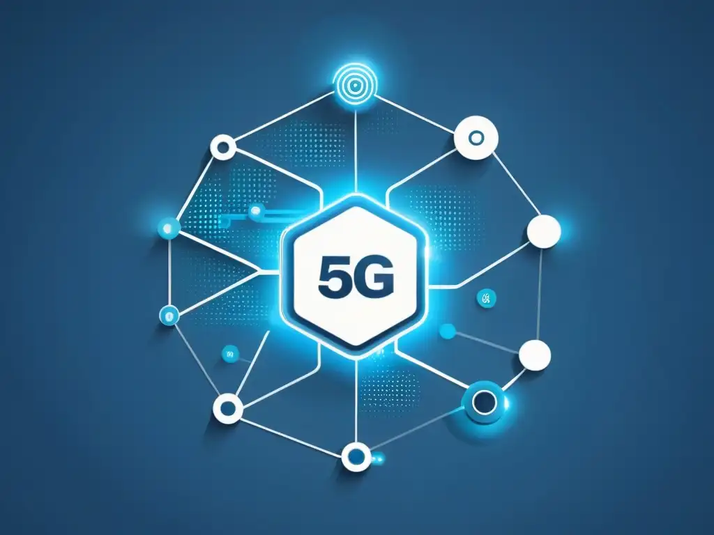 Una ilustración minimalista de una infraestructura segura de red 5G, con nodos interconectados en tonos azules y blancos