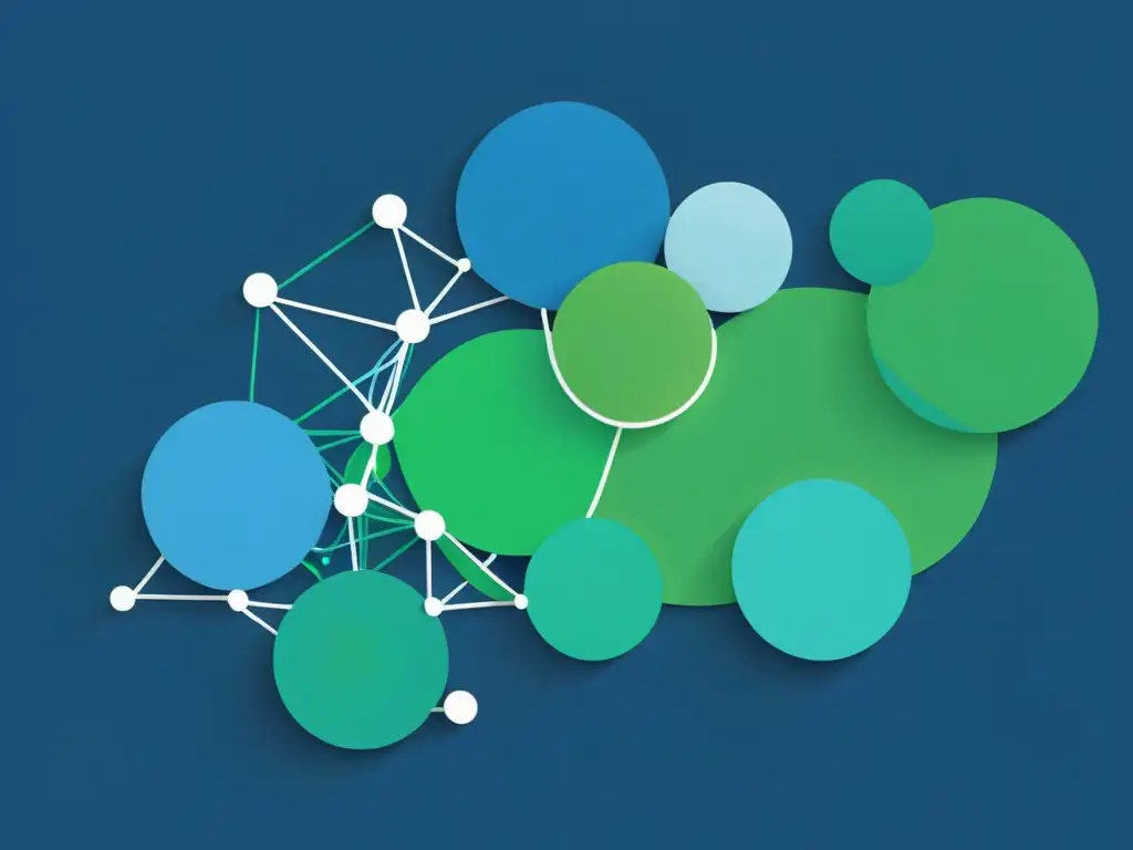 Una ilustración minimalista de nodos interconectados y puntos de datos, con tonos de azul y verde