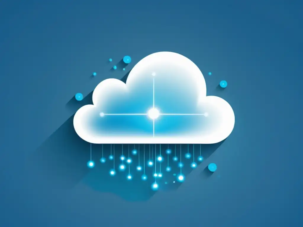 Nube de datos: Simplicidad y sofisticación Una ilustración minimalista de una nube entrelazada con código binario, rodeada por puntos de datos en órbita