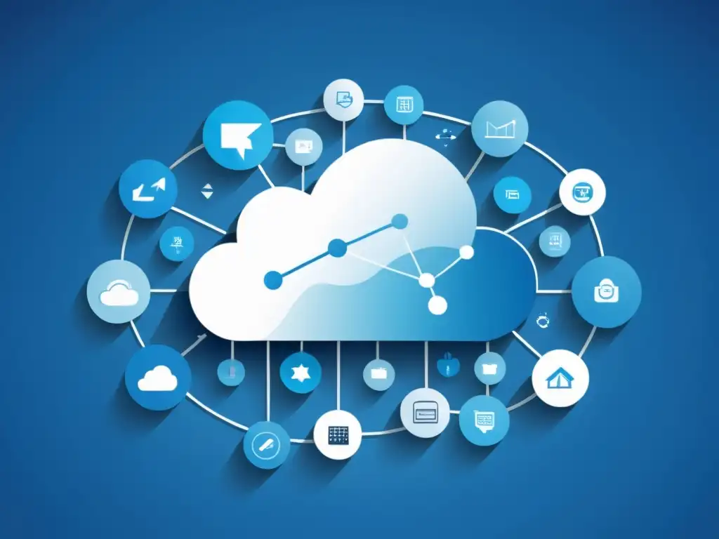 Una ilustración minimalista de una nube con puntos de datos y flechas, simbolizando el uso del Big Data en la Nube