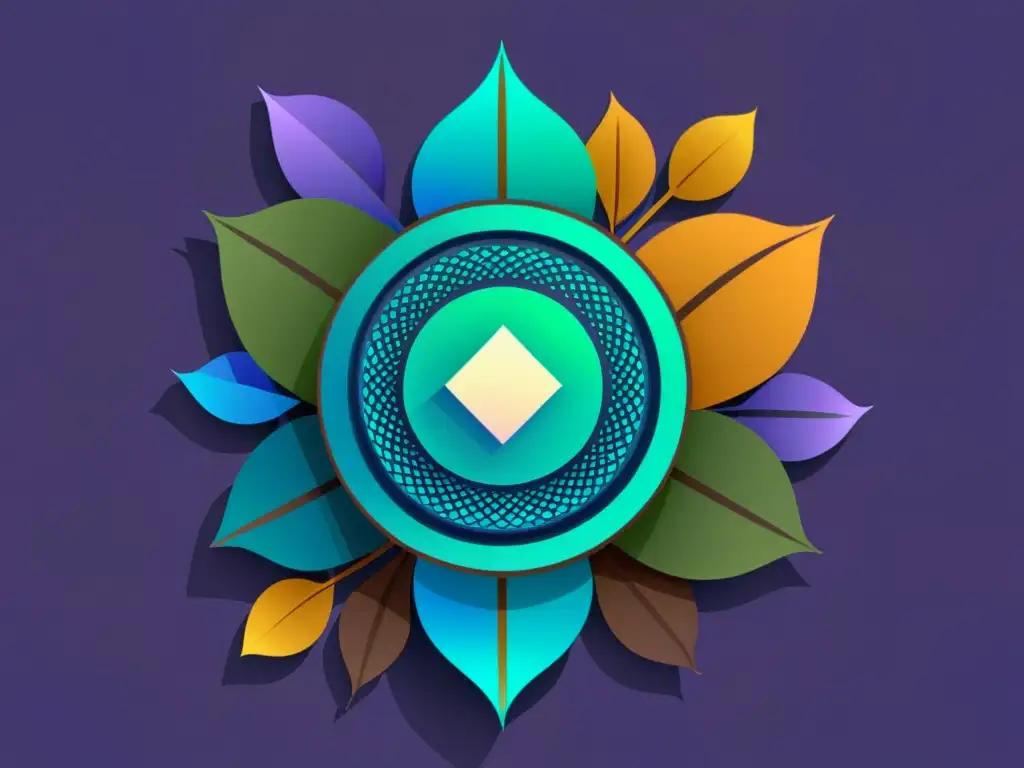 NFT de arte digital: Fusión orgánica y digital Una ilustración minimalista de una obra de arte NFT digital, con patrones geométricos brillantes entrelazados con elementos naturales