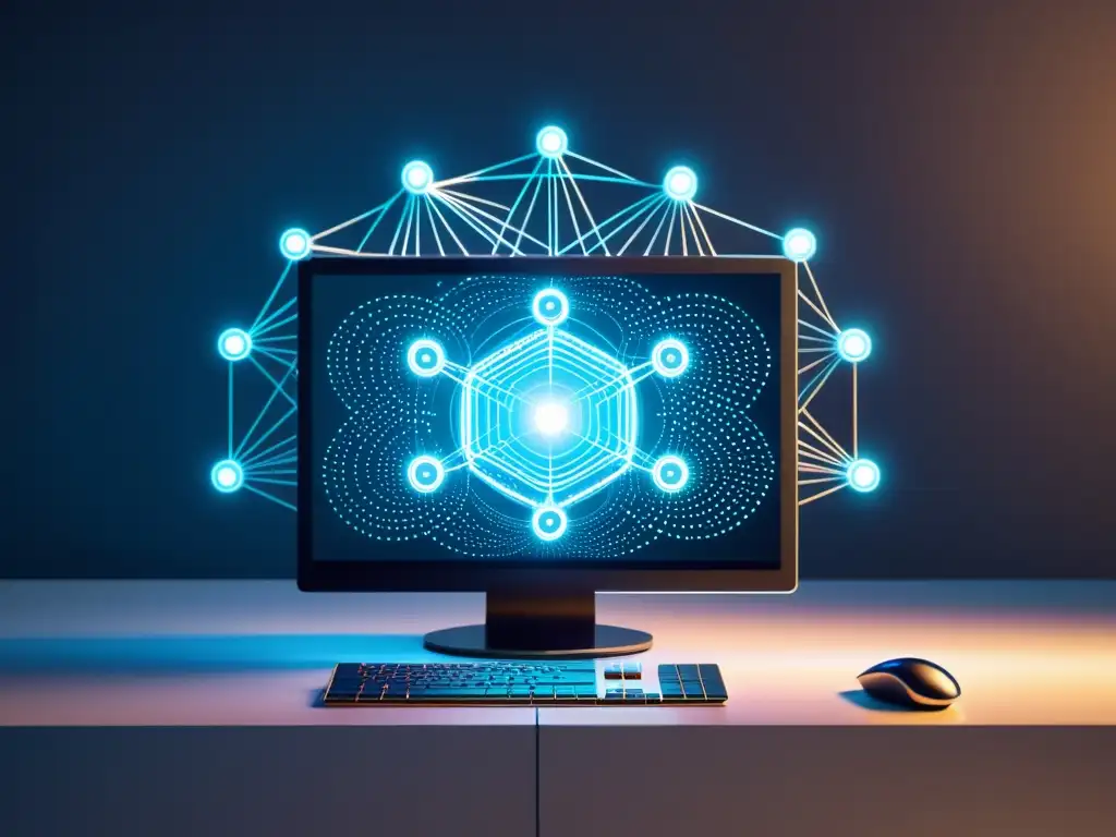 Una ilustración minimalista de un ordenador con nodos interconectados y líneas, representando el concepto de machine learning