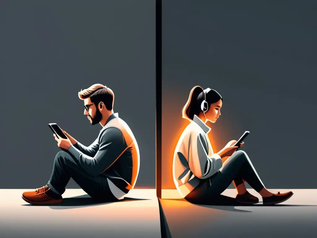 Una ilustración minimalista de una pareja sentada de espaldas, absorta en sus smartphones, con una luz tenue iluminando sus rostros