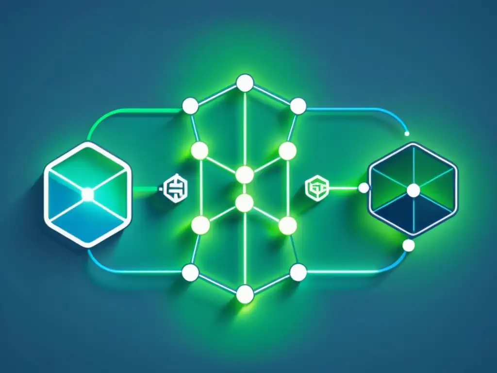 Una ilustración minimalista de una red blockchain transparente con nodos interconectados, líneas brillantes y bloques de datos, simbolizando el impacto de la tecnología blockchain en la fidelidad del cliente