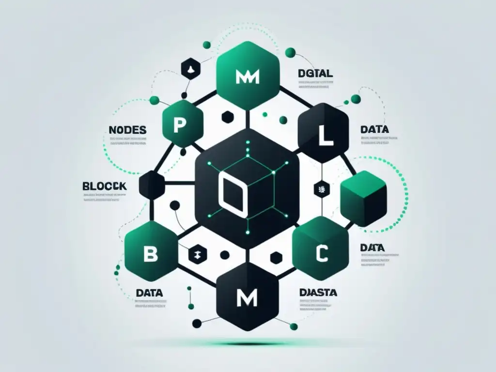 Una ilustración minimalista de una red digital blockchain, con nodos e bloques de datos interconectados, en un fondo blanco limpio