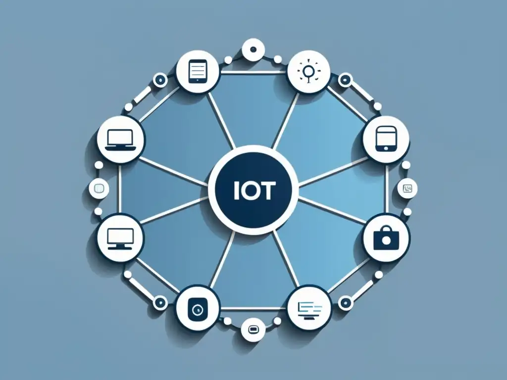 Una ilustración minimalista de una red de dispositivos IoT interconectados, con un diseño futurista y efectos de iluminación sutiles