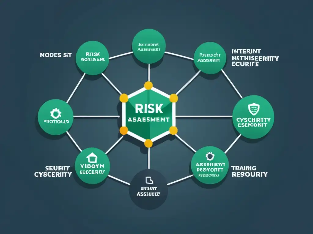 Una ilustración minimalista de una red informática interconectada, representando la formación en ciberseguridad para empresas con nodos etiquetados como 'evaluación de riesgos', 'conciencia de phishing', 'protocolos de seguridad' y 'respuesta a incidentes'