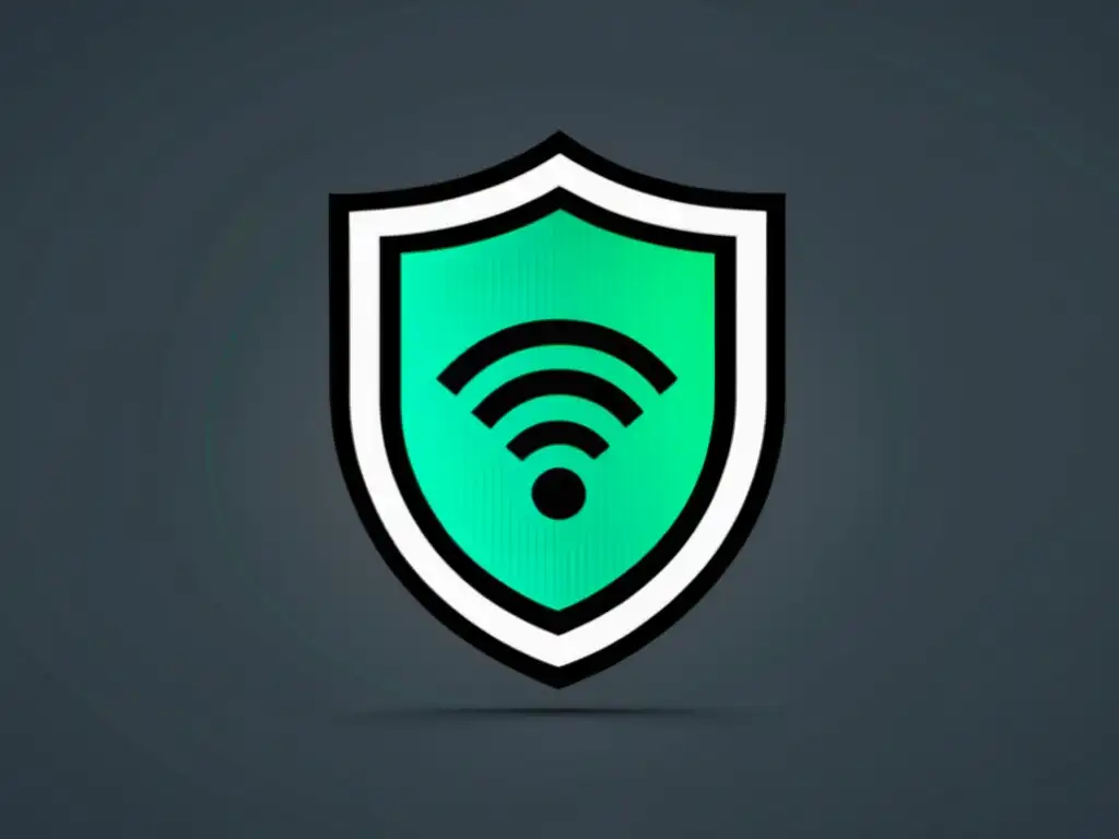 Una ilustración minimalista de una red WiFi segura y protegida por un escudo, simbolizando la protección robusta contra intrusos