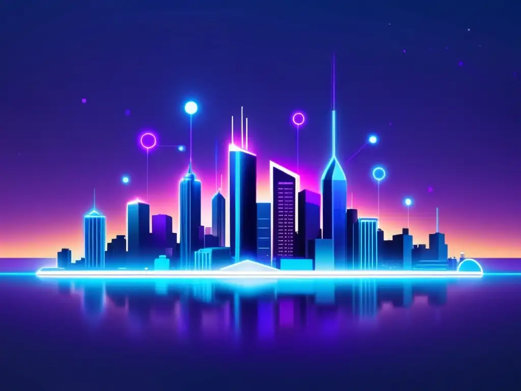 Una ilustración minimalista de un skyline nocturno con nodos de IoT brillantes, en tonos azul y morado