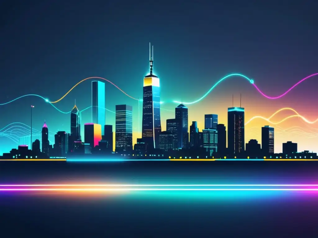 Una ilustración minimalista de un skyline urbano de noche con conexiones de datos, reflejando la infraestructura Big Data