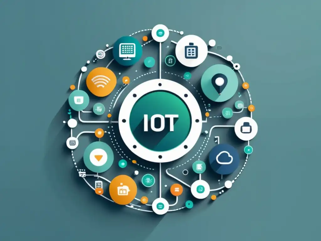 Una ilustración minimalista y sofisticada de dispositivos IoT interconectados, transmitiendo un sentido de orden y precisión