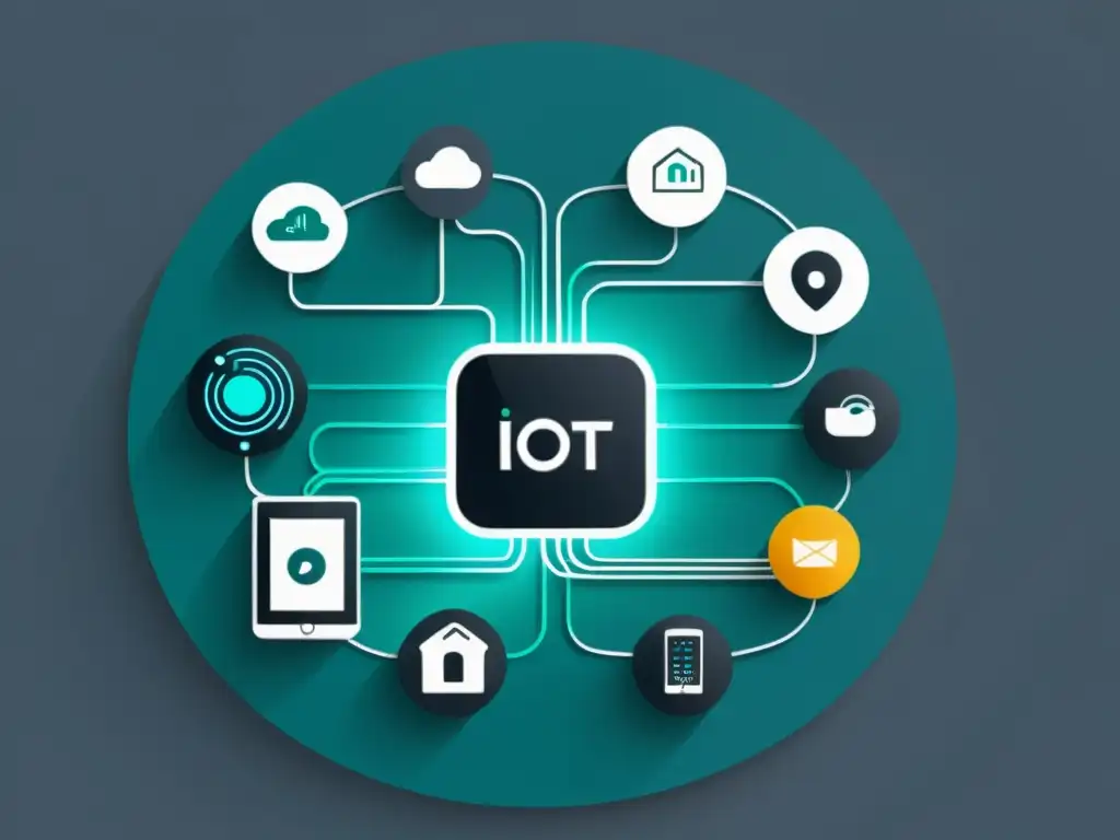 Una ilustración minimalista y sofisticada de dispositivos IoT interconectados, transmitiendo seguridad y tecnología avanzada