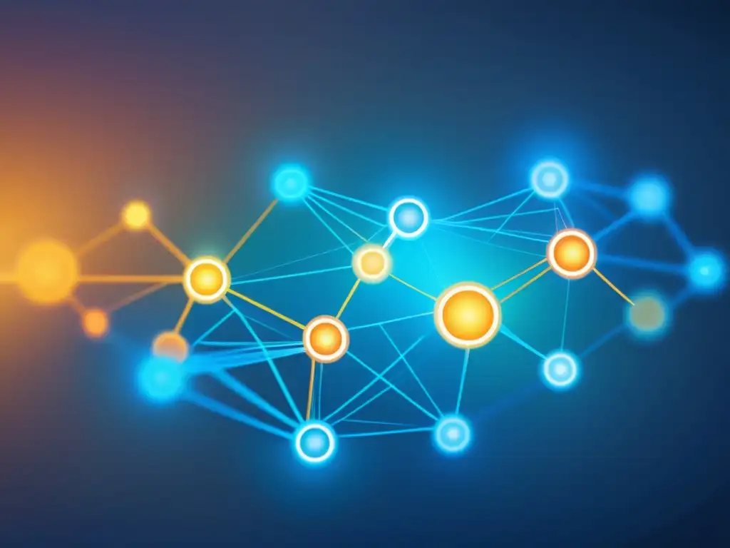 Imagen abstracta de la privacidad 5G y derechos digitales, con nodos interconectados y líneas dinámicas en un fondo degradado de azules a cálidos