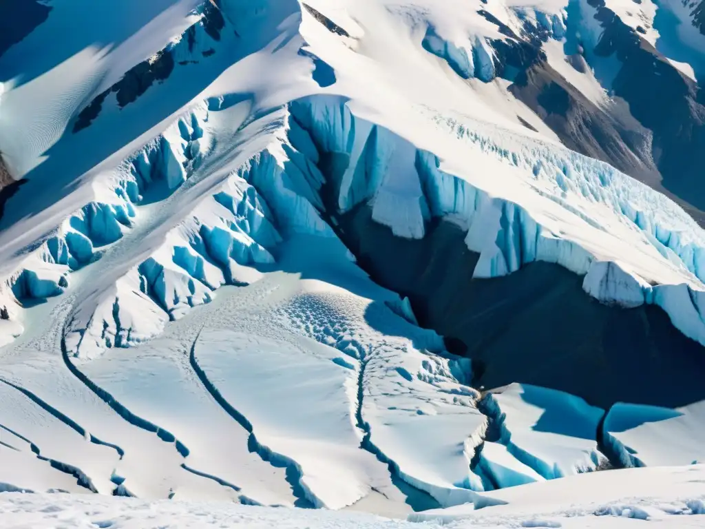 Imagen aérea impactante de un glaciar con detalles nítidos y tonos azules majestuosos