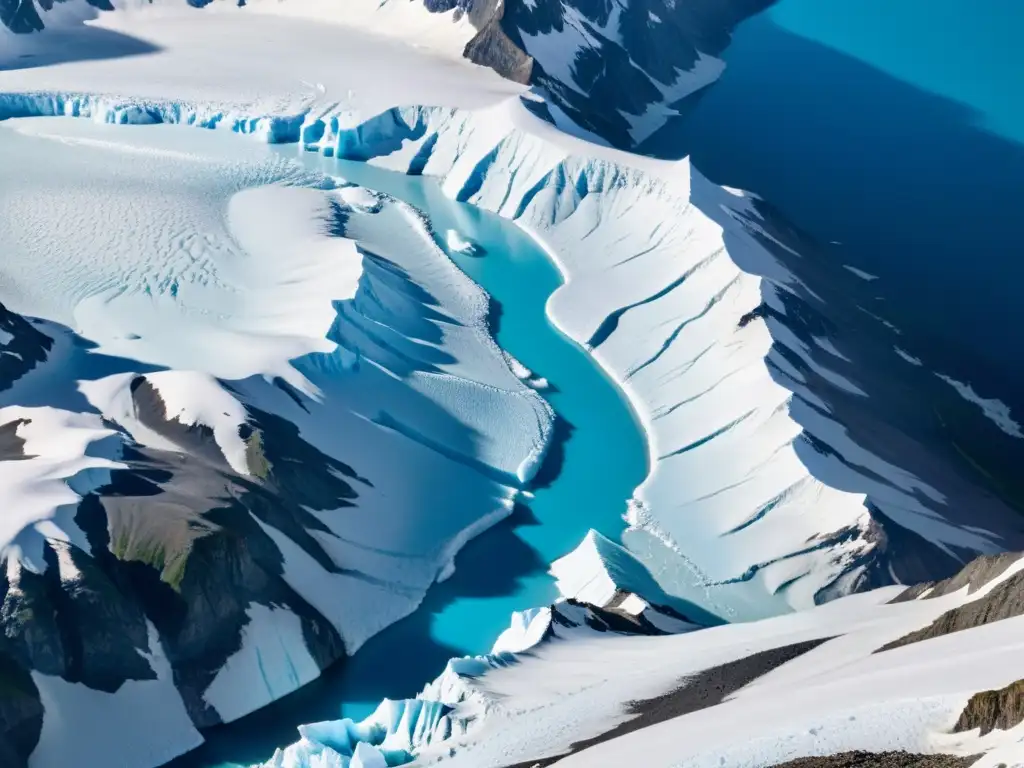 Imagen aérea de alta resolución de un glaciar, con detalles de grietas y canales de deshielo, contrastando tonos de hielo azul y blanco