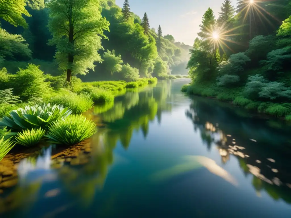 Imagen en alta resolución de un río tranquilo fluyendo en un frondoso bosque