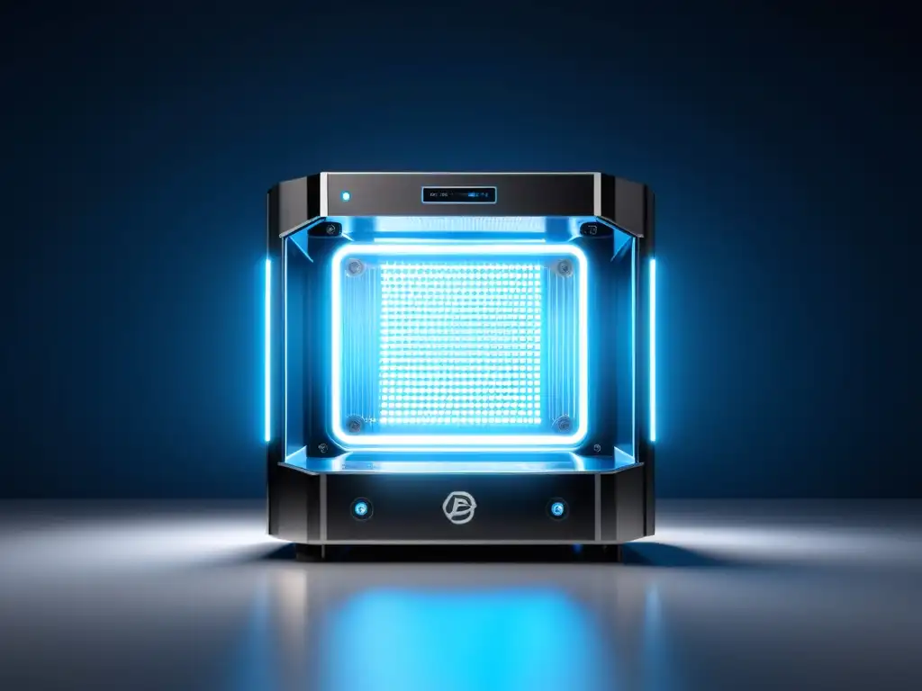 Una imagen de alta tecnología con un elegante y futurista equipo de minería de criptomonedas rentables, iluminado por un suave resplandor azul LED