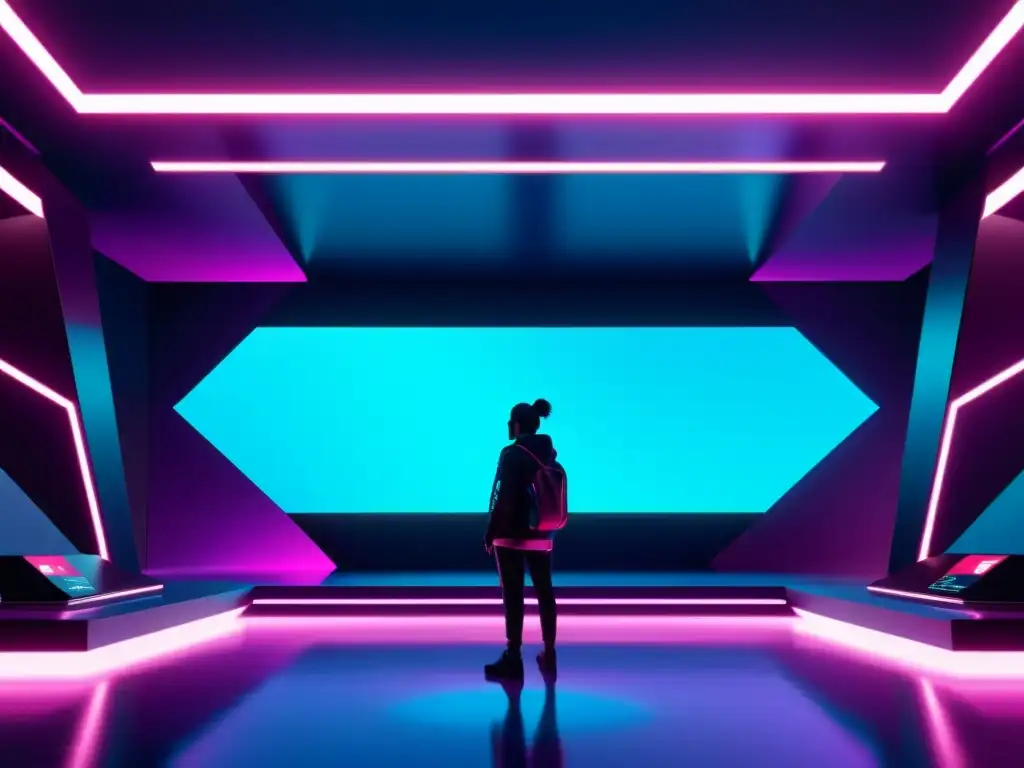 Imagen 8k de ambiente minimalista en videojuego con IA, arquitectura futurista y luces neón, destacando interacción con entidades