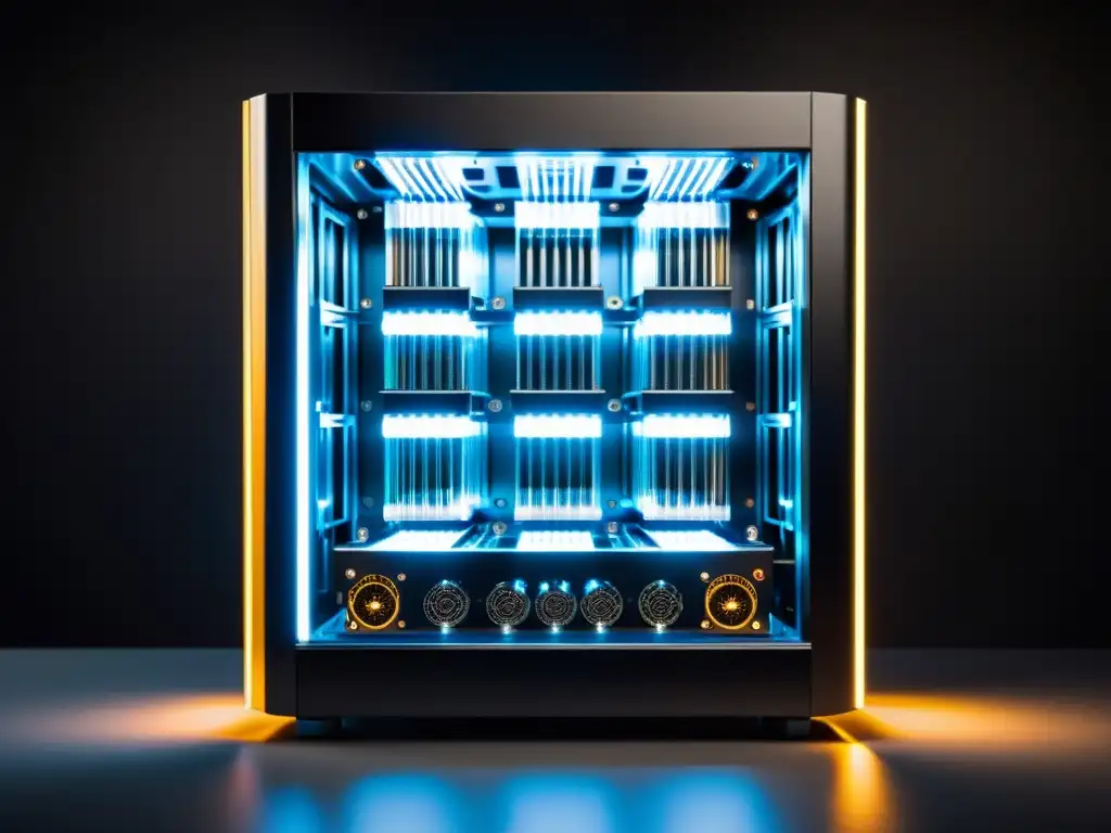 Imagen de una avanzada plataforma de minería de criptomonedas rentable 2023, con luces LED brillantes en un entorno industrial oscuro, evocando tecnología futurista y eficiencia