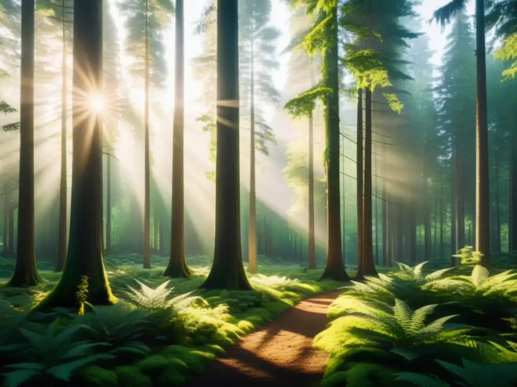 Imagen de un bosque sereno con luz solar filtrándose entre los altos árboles, creando sombras moteadas en el suelo