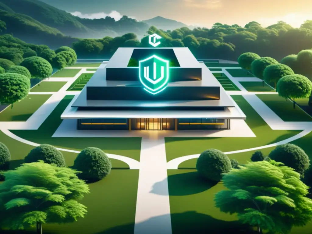 Imagen de campus universitario con arquitectura moderna y símbolo de blockchain integrado, emitiendo un brillo futurista