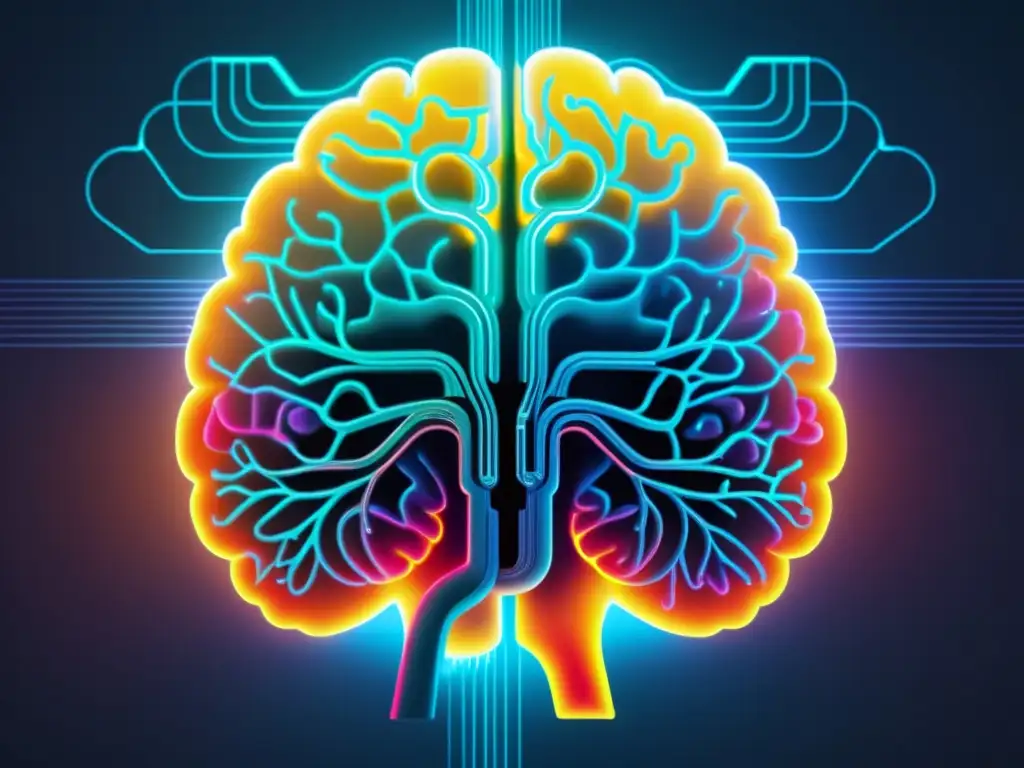 Imagen en 8k de un cerebro humano con circuitos interconectados y datos brillantes, representa el análisis de datos para salud mental