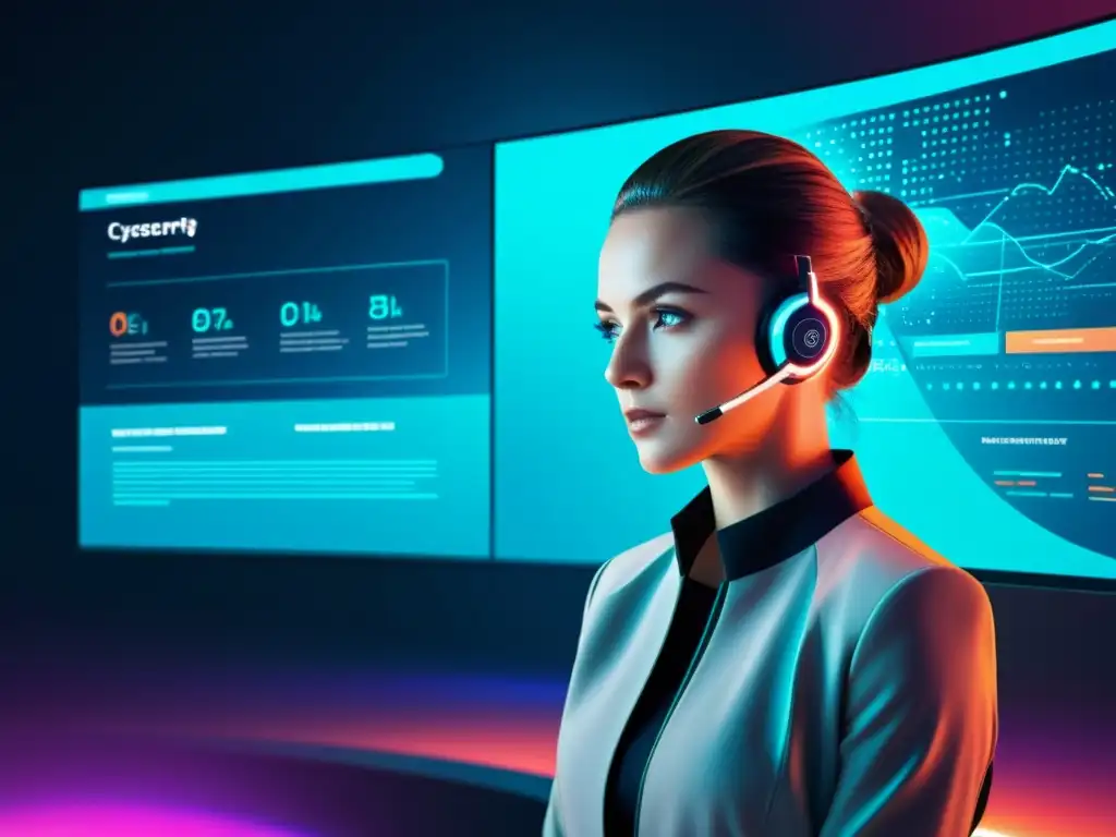 Imagen de formación en ciberseguridad para negocios: entorno virtual futurista con interfaces brillantes y visualizaciones de datos, transmitiendo tecnología avanzada y expertise
