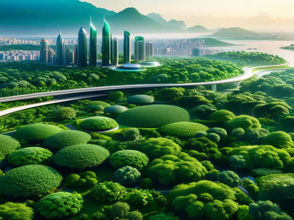 Imagen 8k de una ciudad futurista y sostenible con IA ética y naturaleza exuberante