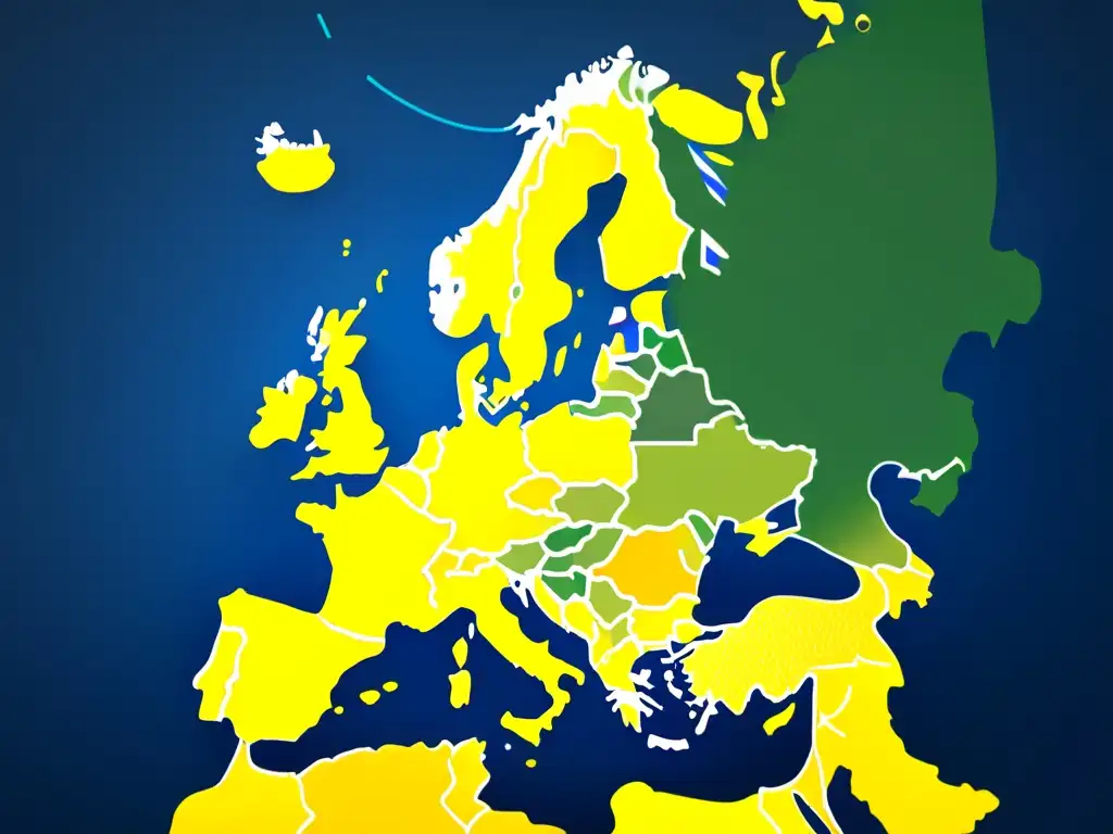 Imagen 8k del continente europeo con nodos de datos interconectados, simbolizando la amplia influencia de la Regulación de datos en Europa