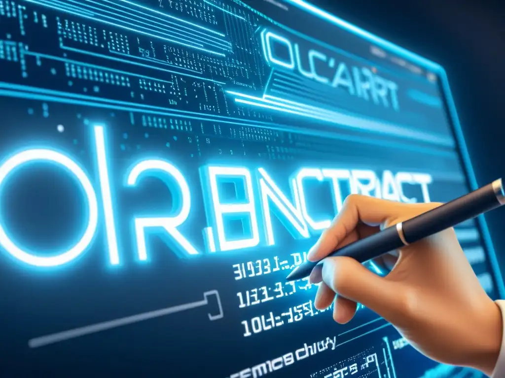 Imagen 8k de contrato inteligente futurista firmado en interfaz digital, con código y ecuaciones matemáticas