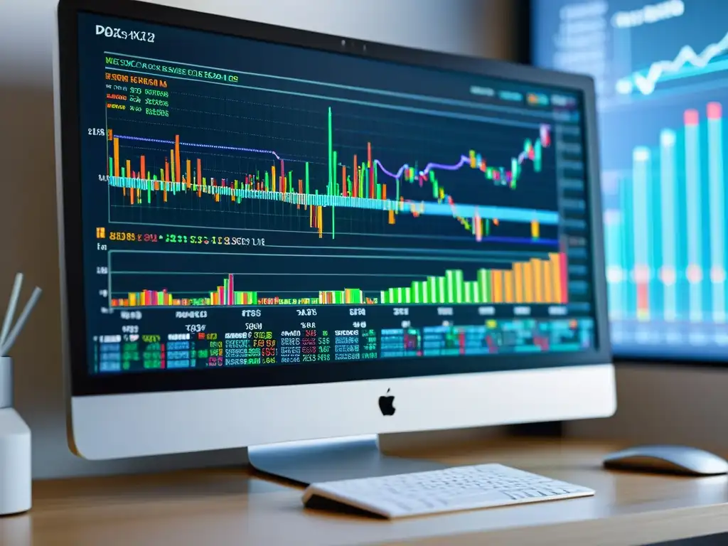 Una imagen detallada de análisis de datos big data y algoritmos en una pantalla de computadora, rodeada de un espacio de trabajo moderno y minimalista