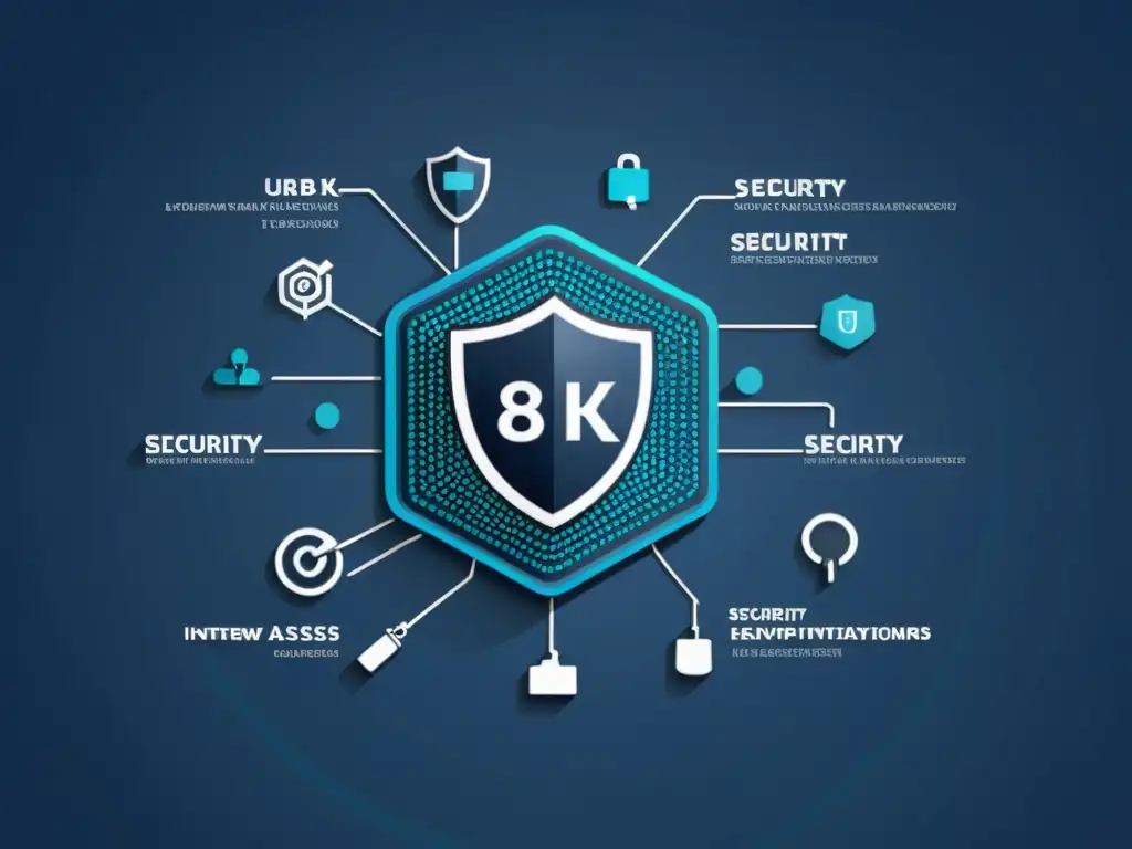 Imagen 8k detallada con estrategias de defensa en profundidad seguridad IT, red de capas de seguridad interconectadas en tonos azules y metálicos