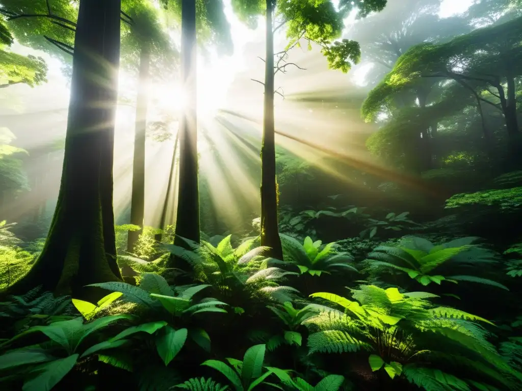 Imagen detallada de un exuberante bosque con biodiversidad, evocando armonía natural y conservación