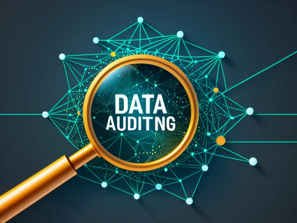 Una imagen detallada en 8k muestra una lupa sobre una red de nodos de datos, simbolizando la auditoría gubernamental con Big Data en detalle