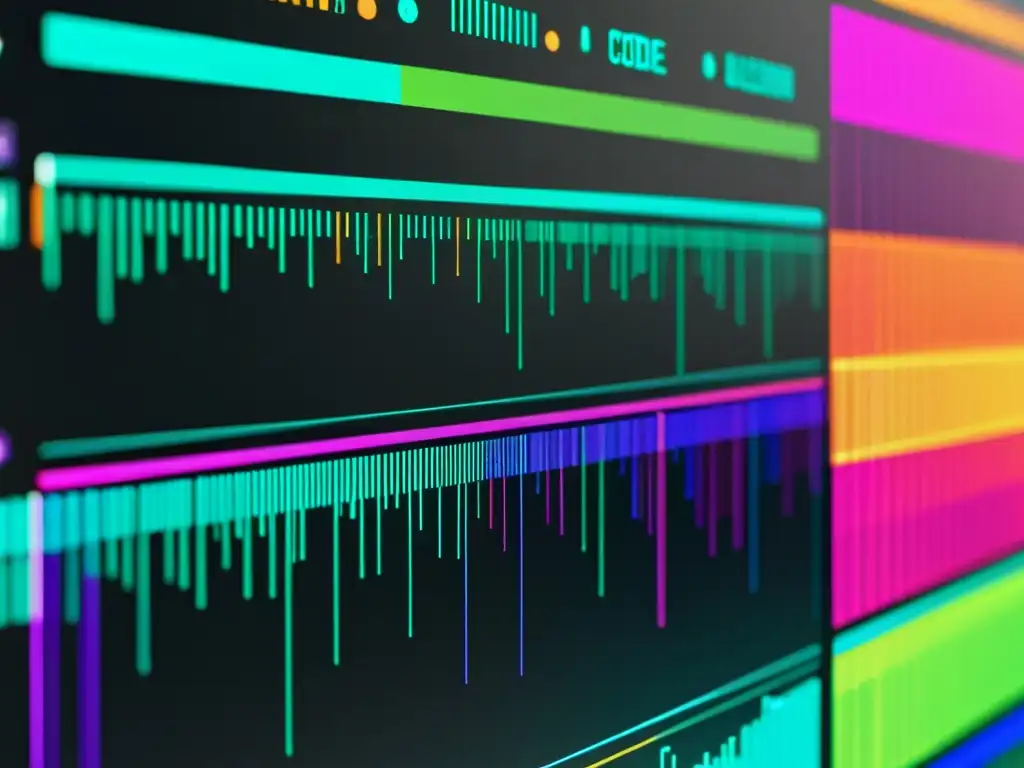 Una imagen detallada de una pantalla de computadora con líneas de código y visualizaciones de datos coloridas, en un diseño minimalista y moderno